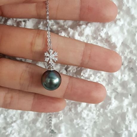 Pendentif flocon de neige - Perle de Tahiti bleue - Or blanc, diamants