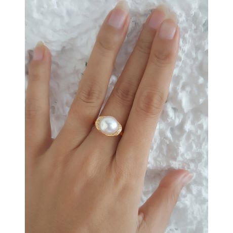 Bague perle d'eau douce et or jaune - Plateau circulaire en diamants