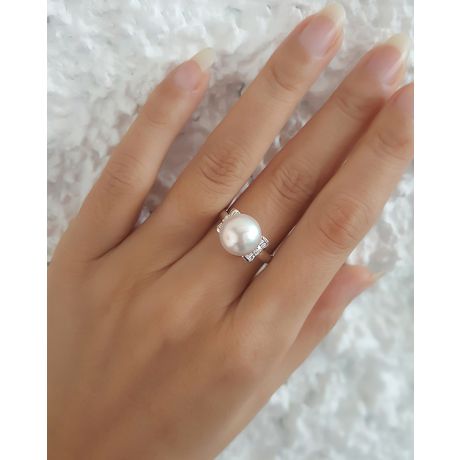 Bague or perle de culture - Perle blanche Chine - Or blanc, diamants