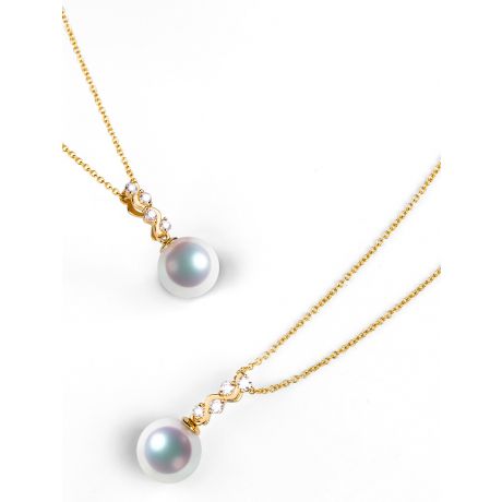 Pendentif danse du serpent. Perle Akoya, Or jaune, diamants.