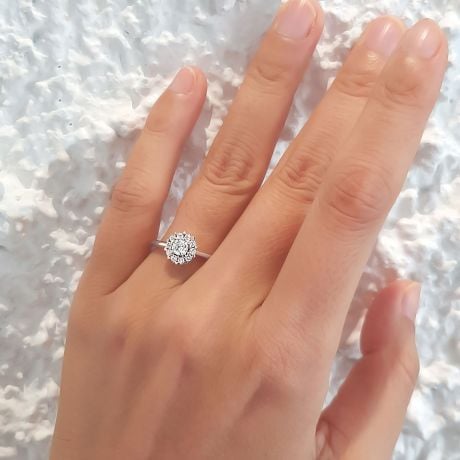 Bague Or Blanc Solitaire - Coeur Caillouté - Diamants pavés | Coeur Caillouté