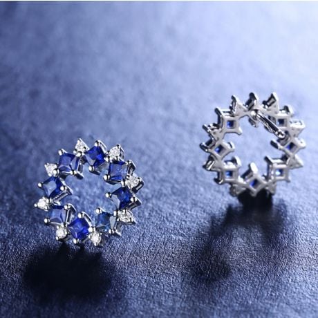 Boucle d oreille fleur de bleuet - Saphir, diamant, or blanc