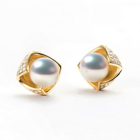 Boucles Oreilles Fukiyose Or jaune Perles Akoya Diamants