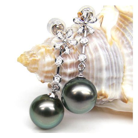 Création Boucles d'oreilles fleurs - Perles de Tahiti - Pendants or blanc, diamants