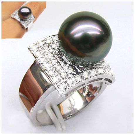 Bague style opulent - Perle Tahiti noire, bronze - Or blanc, diamants