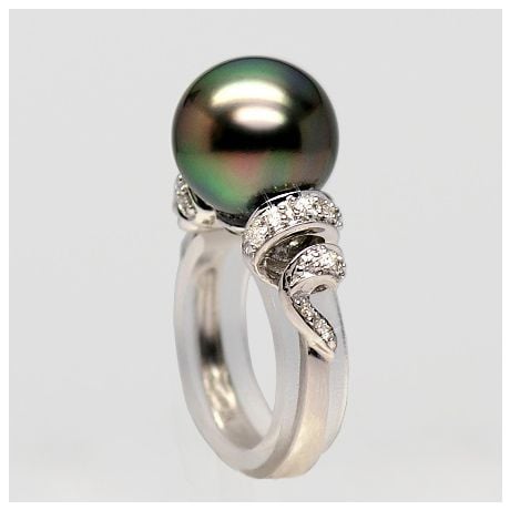 Bague or blanc stylée 2 époques - Perle Tahiti émeraude rosée, Diamants