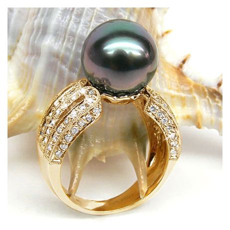 Bague de joaillerie - Luxe - Perle de Tahiti - Or jaune, diamants