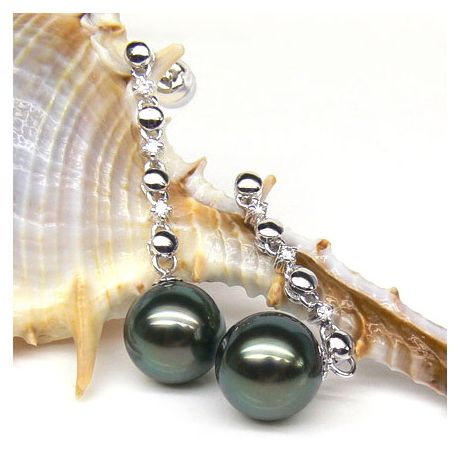 Boucles oreilles chainettes - Perles de Tahiti - or blanc, diamants