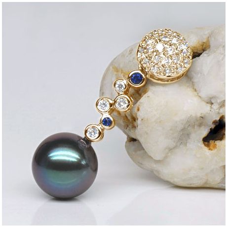 Pendentif boules - Perle de Tahiti - Or jaune, diamants, saphirs bleus