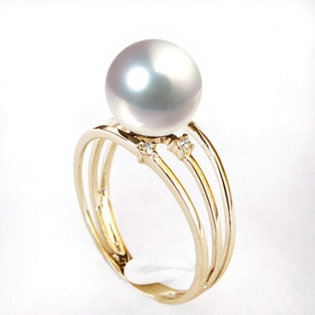 Bague or jaune - Perle Akoya blanche Japon - 3 anneaux, diamants