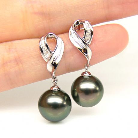 Boucles oreilles perles noires - Perle de Tahiti - Or blanc - Diamants sertis rails