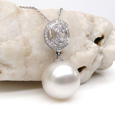 Pendentif 3C - Or blanc et diamants - Perle d'Australie blanche