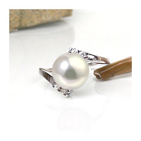 Bague ondulée solitaire - Or blanc, diamants - Perle blanche culture