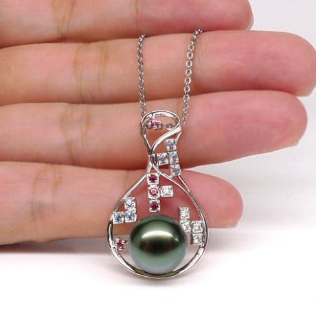 Pendentif constellation - Perle de Tahiti - Or blanc, topaze, diamants