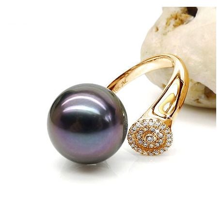 Bague perle de Tahiti verte aubergine - Or jaune, diamants micro-sertis