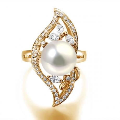 Bague végétale or jaune - Perle eau douce blanche de culture, Diamants
