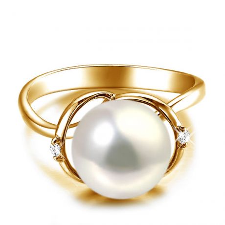 Bague or jaune style circulaire - Perle de culture - 2 diamants sertis