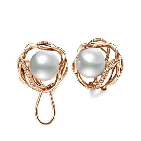 Boucles oreilles fleurs lotus - Perles Australie - Or rose, diamants