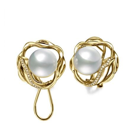 Boucles oreilles fleurs lotus - Perles Australie - Or jaune, diamants
