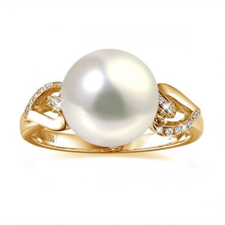Bague coeur de perle diamanté - Or jaune et Perle d'eau douce blanche