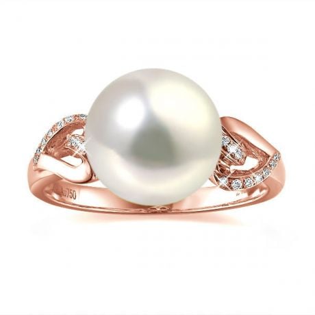 Bague coeur de perle diamanté - Or rose et Perle d'eau douce blanche