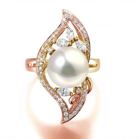 Bague végétale or rose - Perle eau douce blanche de culture, Diamants
