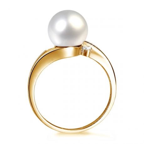 Bague feuilles de style - Perle culture blanche - Or jaune, diamants