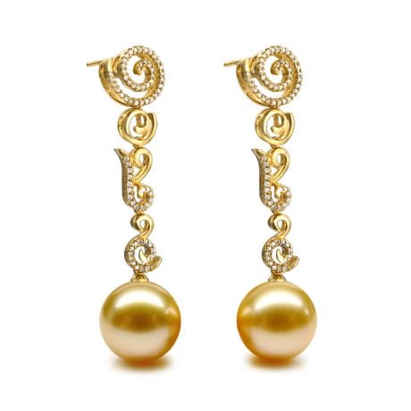 Boucles oreilles spirales volutes - Perles dorées - Or, diamants