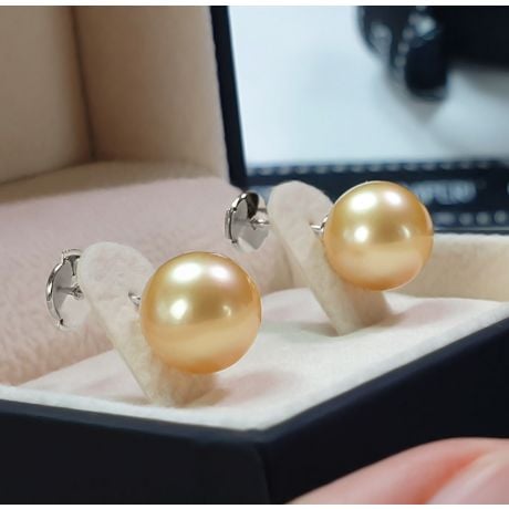 Boucles oreilles tiges clous - Perles Australie dorées - Or blanc