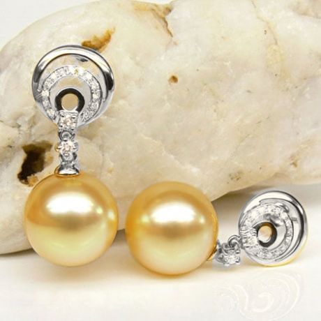 Boucles oreilles Île Hamilton - Perles Australie, or blanc, diamants 