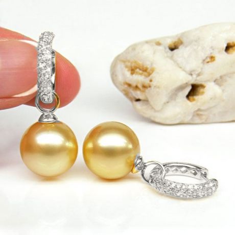 Dormeuses anneaux or blanc diamants pavés - Perles Australie