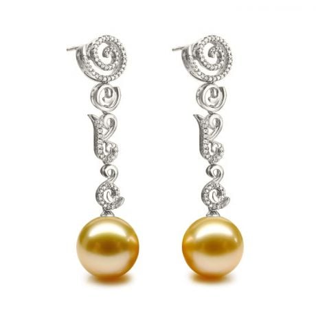 Boucles oreilles spirales volutes - Perles dorées - Or, diamants or blanc