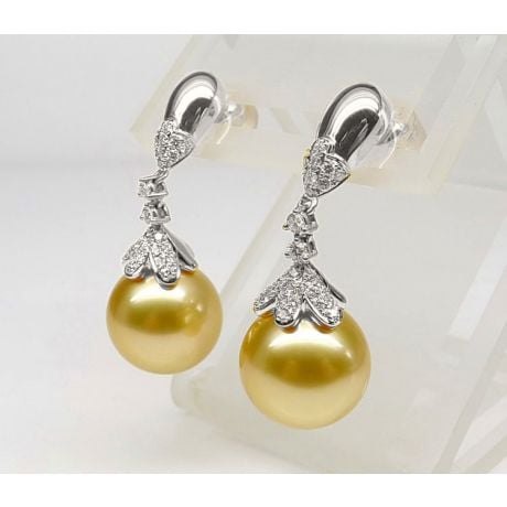 Boucles oreilles lignes Classique. Perles Australie, diamants Or blanc