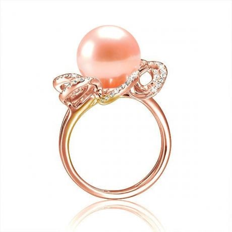Bague fleur - Or rose, diamants et perle rose