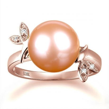 Bague Perle Rose, Or Rose Diamant. Feuilles Étincelantes 
