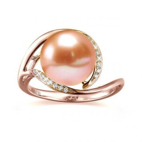 Bague femme perle - Or rose, diamants - Perle de culture rose