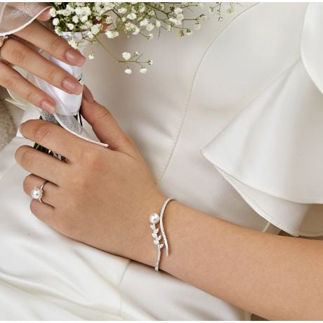Bracelet Jonc Symphonie Nuptiale - Perle Akoya, Or Blanc, Diamants