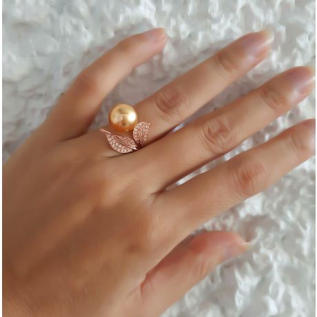 Bague feuilles de jasmin - Perle d'Australie dorée - Or rose, diamants