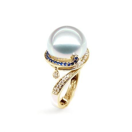 Bague de l'Île Bruny - Perle Australie blanche - Diamants, saphirs or jaune