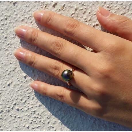 Bague solitaire perle de Tahiti - Or jaune, diamants sertis grains