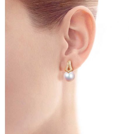 Boucles oreilles perles Japon. Pendants Michiko Or jaune, diamants.