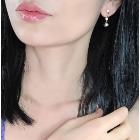 Boucles oreilles pendantes - Perles de Tahiti noires - Or jaune - Diamants
