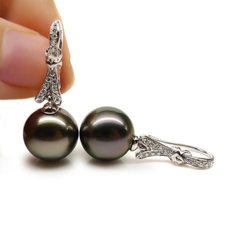 Boucles oreilles ruban avec perles de Tahiti - Or blanc, diamants