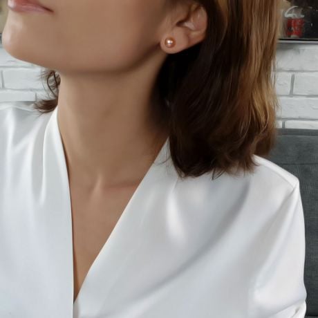 Boucles oreilles perles or jaune - Clou perles roses - 8/9mm