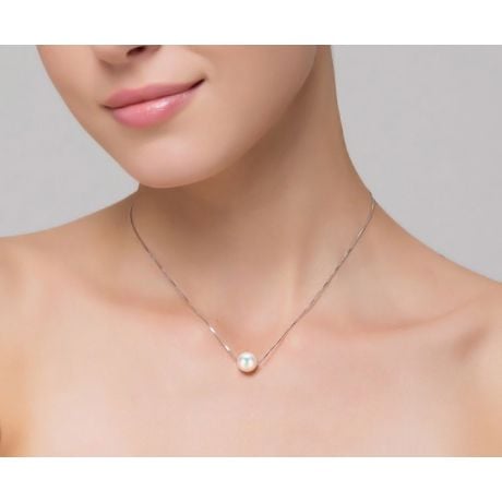 Collier pendentif perle blanche 8.5/9mm - Chaine or blanc