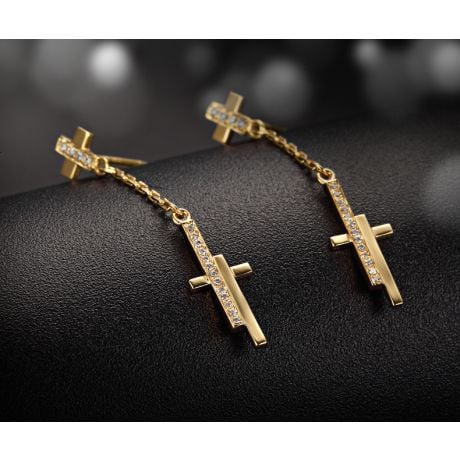 Boucles oreilles croix pendante Or jaune diamants 0.21ct
