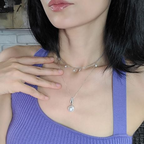 Pendentif or et diamants - Perle d'Australie blanche - or blanc