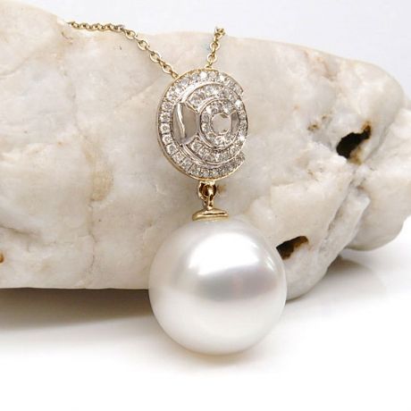 Pendentif 3C - Or jaune et diamants - Perle d'Australie blanche