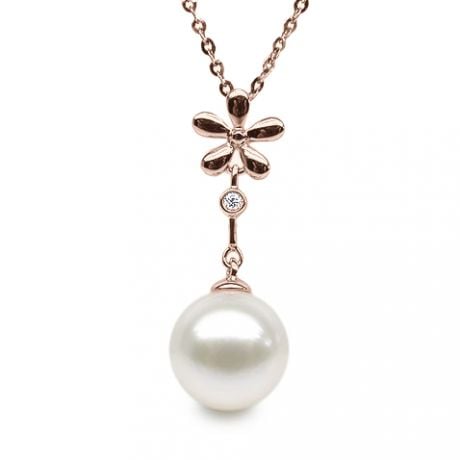 Pendentif fleur or rose -  Perle eau douce blanche en suspension