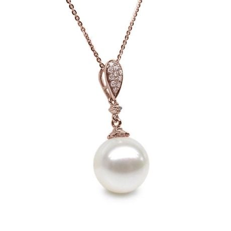 Pendentif goutte de diamants - Perle de culture blanche - Or rose